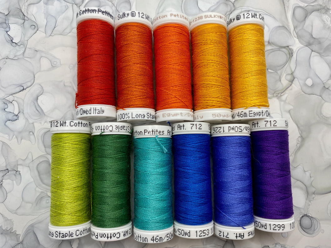 Rainbow set of Sulky Solid Cotton Thread - 12wt.; 11 spools total
