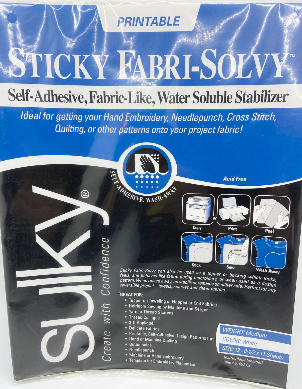 Sticky Fabri-solvy Adhesive Printable Sulky Temporary Water