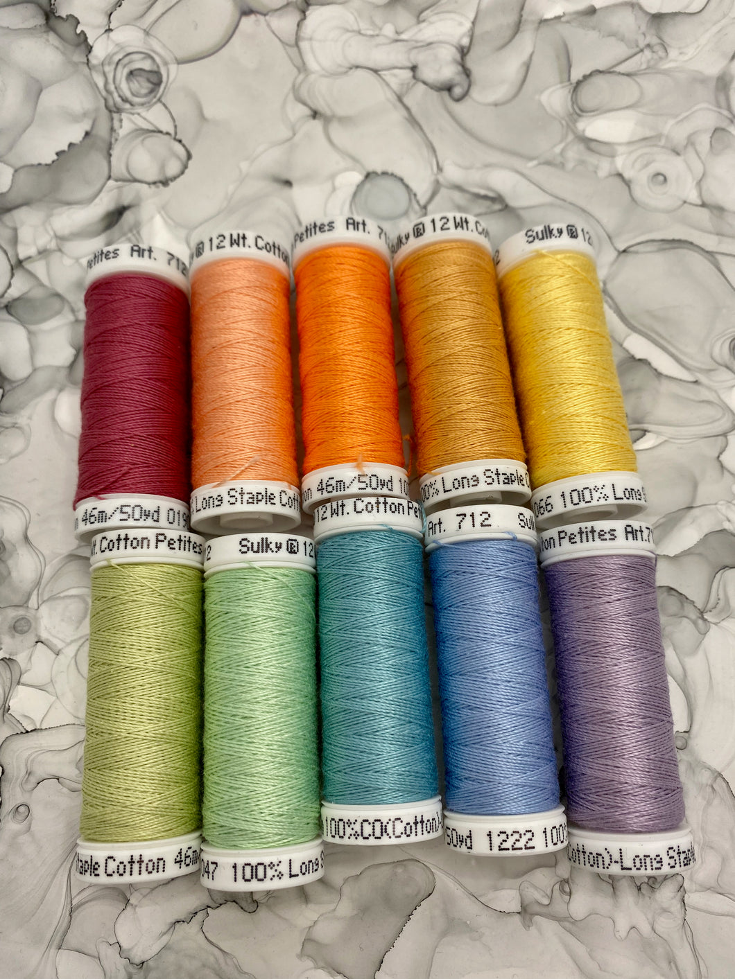 Pastel Rainbow set of Sulky Solid Cotton Thread - 12wt.; 10 spools total
